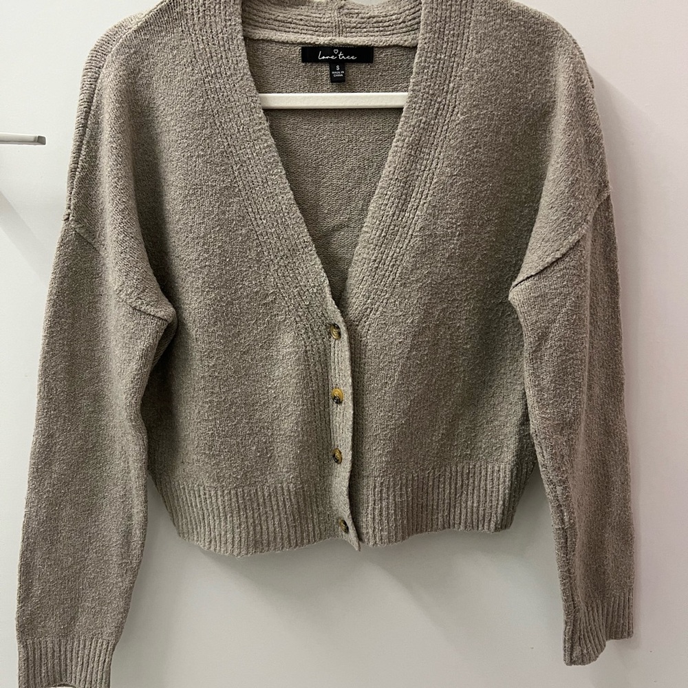 Love Tree Taupe Cardigan Sweater V-Neck Cropped